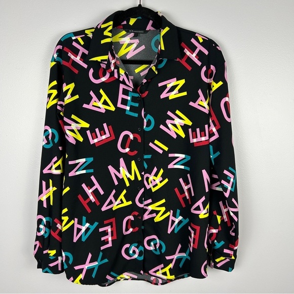 Armani Exchange Patterned Long Sleeve Button Down Blouse Medium Black - Picture 4 of 14